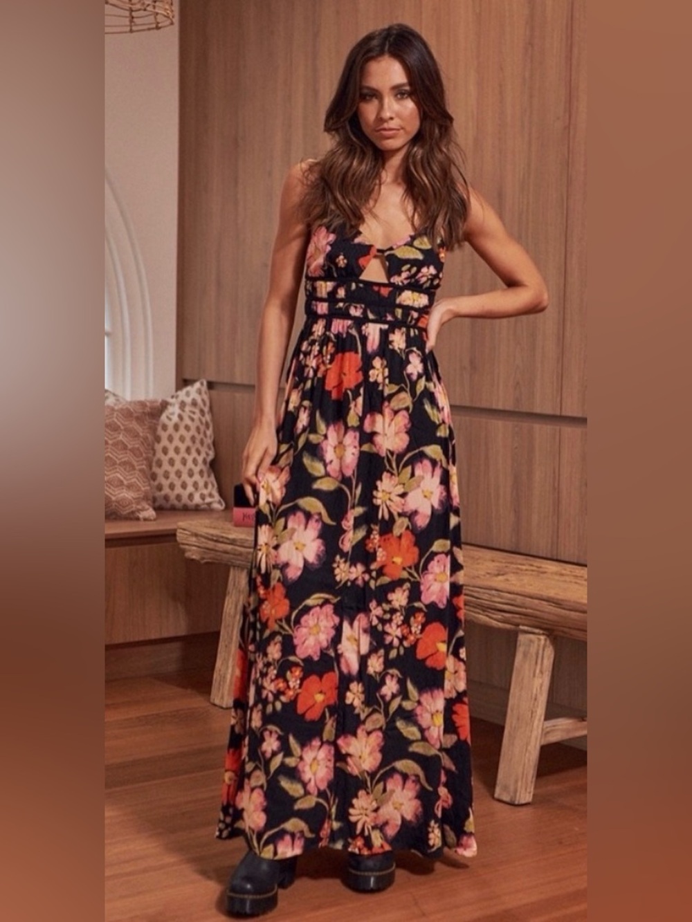 Free People Wisteria Black Maxi Dress with Pink & Orange Floral Print